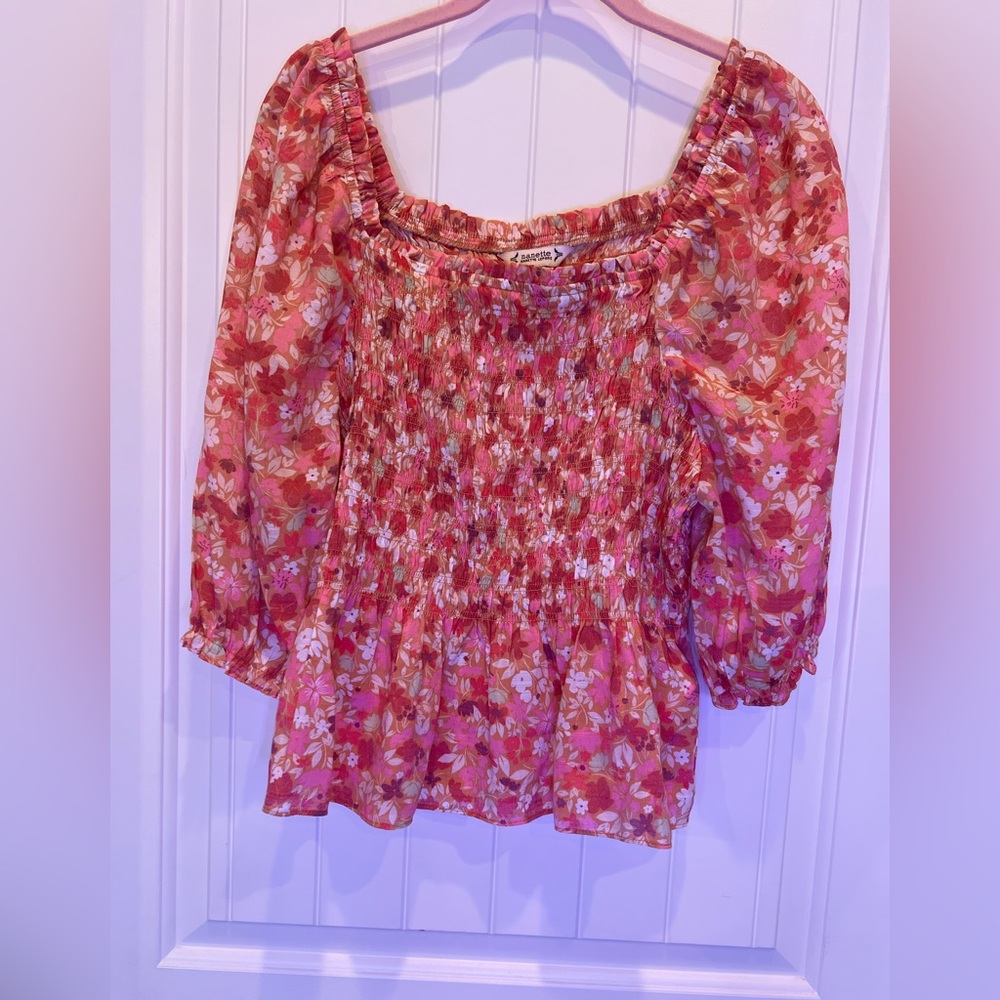 Nanette Lepore Pink Puff Sleeve Smocked Peplum Blouse Size L - Picture 8 of 10